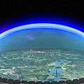 Futuristic Commercial Landscape With Transparent Dome Lush Green Landscape Urban Buildings And Blue Light Source