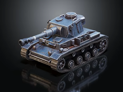 Detailed 3D Tank Model Featuring Turret Cannon Tracks Metal Texture And Reflective Surface On Black Background 3d model