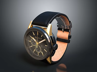 Gucci Luxury Watch With Black Leather Strap Gold Case And Chronograph Dial Design 3d model