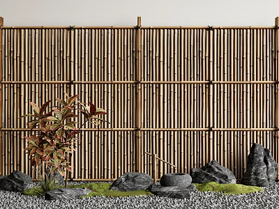 Zen Garden Decor With Bamboo Screen Stones Pebbles Moss And Green Plant 3d model