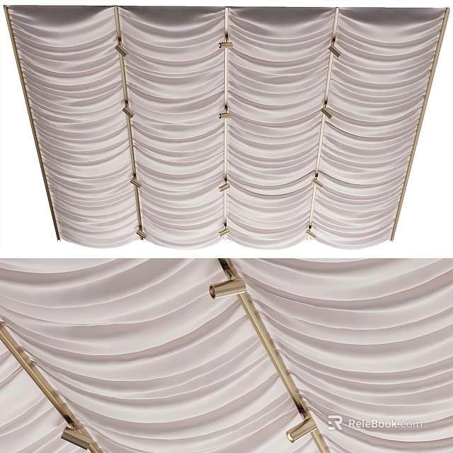 Elegant White Ceiling Drapery Design With Pleated Fabric And Golden Frames 3d model