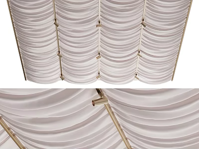 Elegant White Ceiling Drapery Design With Pleated Fabric And Golden Frames 3d model