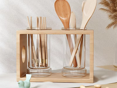 Wooden Tableware Organizer Set with Glass Containers Holding Chopsticks And Wooden Spoons 3d model