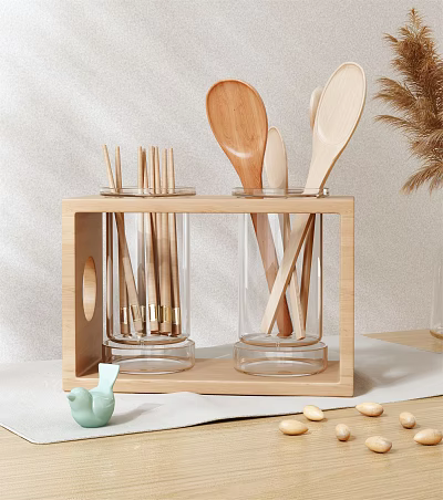 Wooden Tableware Organizer Set with Glass Containers Holding Chopsticks And Wooden Spoons 3d model
