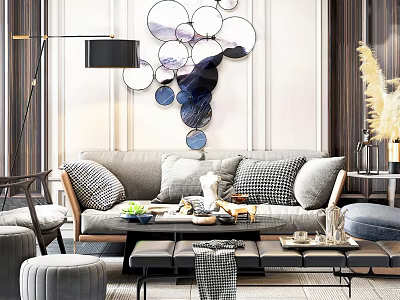 Modern Gray Sofa Coffee Table Set With Checkered Pillows Circular Wall Art And Floor Lamp 3d model