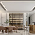 Modern Restaurant Interior Design With Marble Dining Table Chairs Pendant Lighting Green Plants And Cabinets