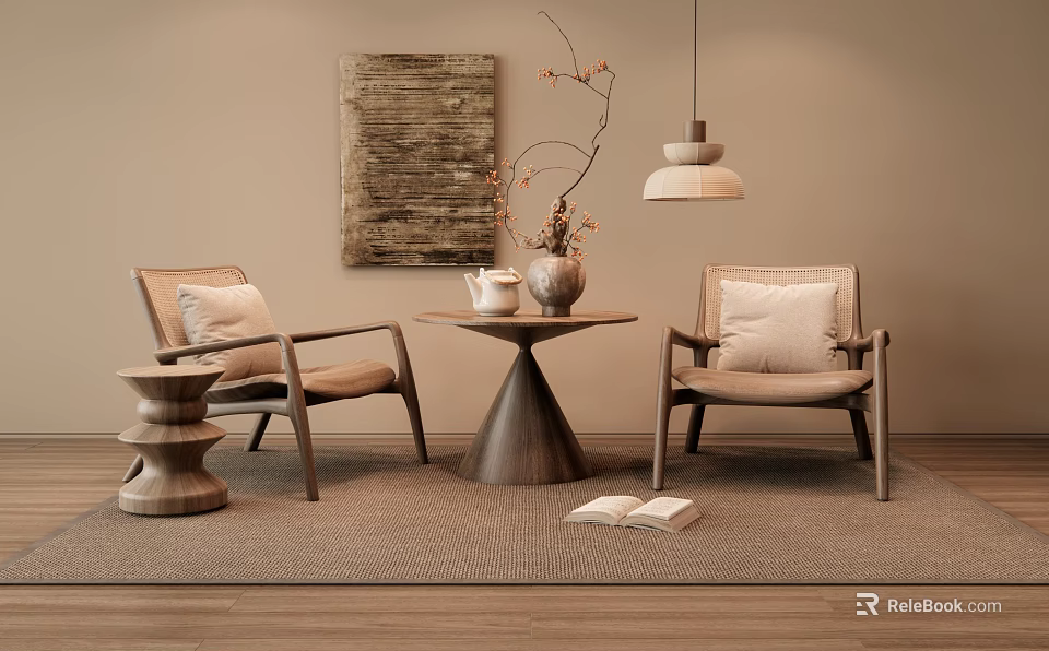 Natural Style Table and Chair Set with Decorative Painting Pendant Light and Wooden Floor 3d model 