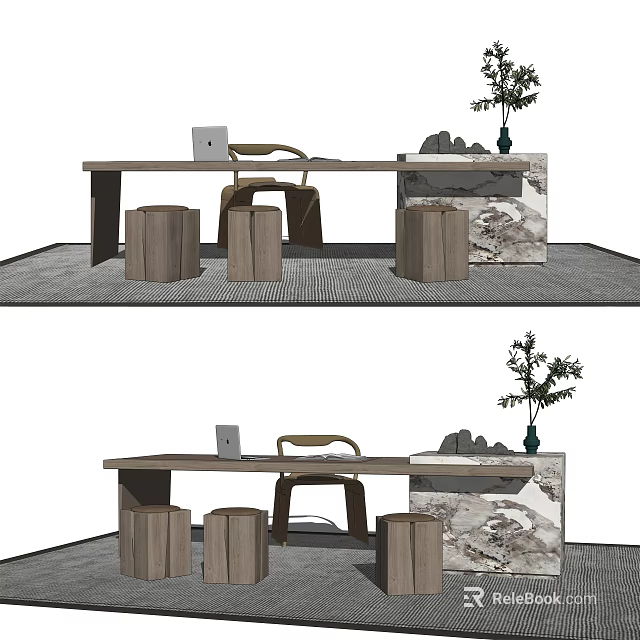 Minimalist Wooden Desk Setup With Chair Stools Laptop And Decorative Plant 3d model 