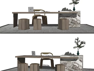 Minimalist Wooden Desk Setup With Chair Stools Laptop And Decorative Plant 3d model