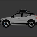 White Modern Car With Black Roof Rack And Blue Accented Wheels