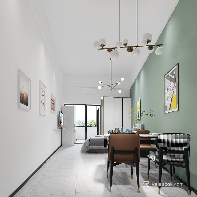 Modern Apartment Interior With Green Wall Chandeliers Dining Table Sofa And Floor To Ceiling Windows 3d model 
