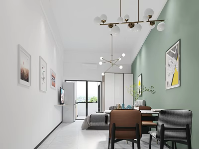 Modern Apartment Interior With Green Wall Chandeliers Dining Table Sofa And Floor To Ceiling Windows 3d model