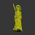 Elderly Man in Green Robe with Long Beard Holding Wooden Staff Against Dark Background