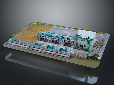Industrial Processing Facility Model Featuring Green Building Blue Equipment And Concrete Ground 3d model