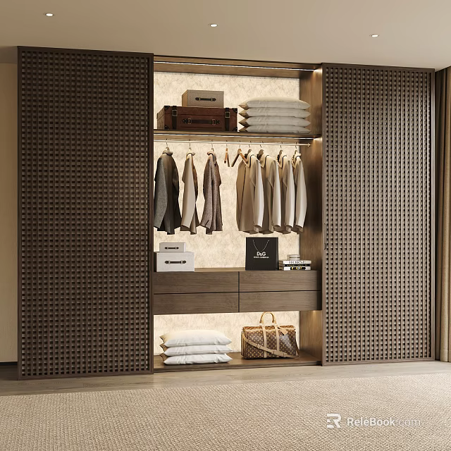 Modern Wardrobe Interior Design With Glass Door Hanging Clothes Folded Garments And Storage Boxes 3d model 