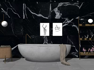 Elegant Freestanding Bathtub in Bathroom with Black Marble Walls Gold Faucet Beige Towel and Decorative Paintings 3d model