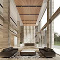 Modern Reception Area Design With Marble Wall Wooden Ceiling And Plants