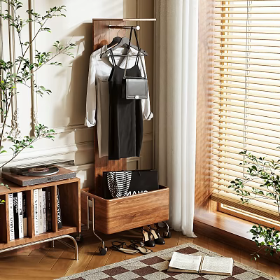 Wooden Clothes Hanger With Hanging Dresses Shirts Bag Shoes Bookshelf Plants And Window Blinds 3d model