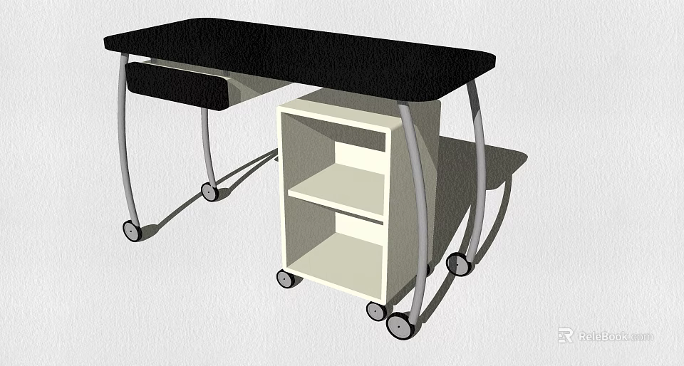 Modern Office Desk With Black Desktop Silver Metal Legs And Mobile White Storage Cabinet 3d model 