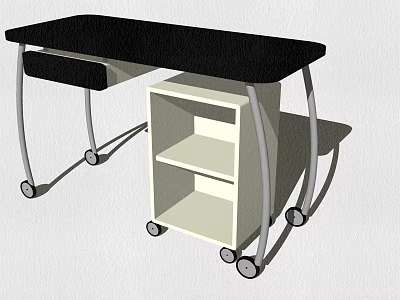 Modern Office Desk With Black Desktop Silver Metal Legs And Mobile White Storage Cabinet 3d model