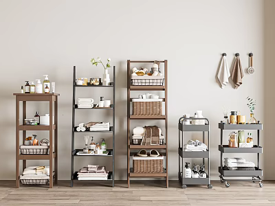 Functional Home Storage Shelves With Baskets Books Decorative Bottles And Jars 3d model