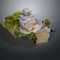 Detailed Japanese Castle Model With Surrounding Green Trees And Landscape