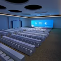 Modern Banquet Hall With Large Screen IBM Logo And White Tables Chairs Setup