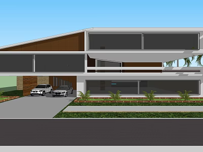 Modern Detached Villa Two Story Structure With Large Windows Driveway With Cars And Landscaped Garden 3d model