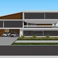 Modern Detached Villa Two Story Structure With Large Windows Driveway With Cars And Landscaped Garden