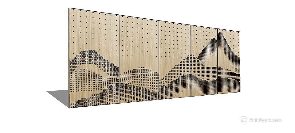 Wooden Background Wall With Perforated Texture And Mountain Pattern For Interior Design 3d model 