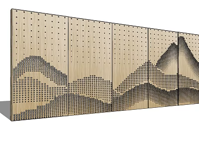 Wooden Background Wall With Perforated Texture And Mountain Pattern For Interior Design 3d model