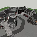 Chinese Style Commercial Complex With Gray Bricks Black Tiles Arched Doors And Decorated Balconies