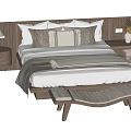 Modern Double Bed With Wooden Headboard Multiple Pillows Footstool Nightstand Table Lamp And Vase
