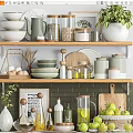 Modern Kitchenware Display On Shelves With Bowls Jars Cutting Boards And Green Plants