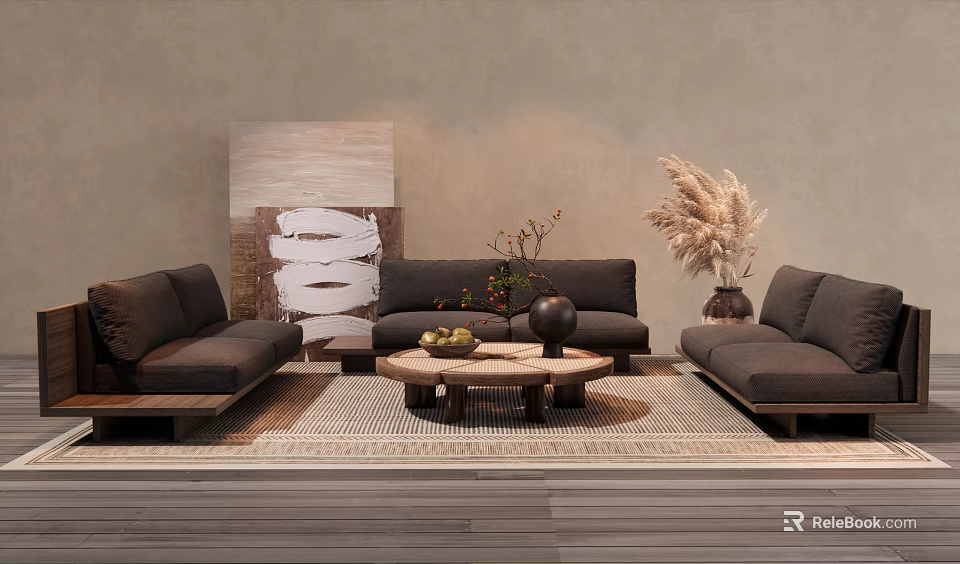 Modern Gray Sofa Coffee Table Combination With Abstract Painting Pampas Grass And Textured Rug 3d model 
