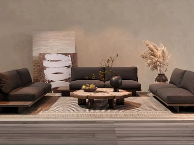 Modern Gray Sofa Coffee Table Combination With Abstract Painting Pampas Grass And Textured Rug 3d model