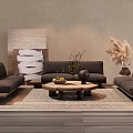 Modern Gray Sofa Coffee Table Combination With Abstract Painting Pampas Grass And Textured Rug