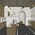 Cozy Restaurant Interior with Wooden Bar Counter Stools Hanging Lights Large Windows and Patterned Floor