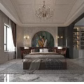 Elegant Light Luxury Bedroom Interior with Tufted Velvet Headboard Marble Nightstands and Crystal Chandelier