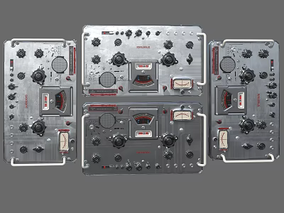 Industrial Metallic Control Panels Featuring Multiple Knobs Gauges Buttons And Red Accents 3d model