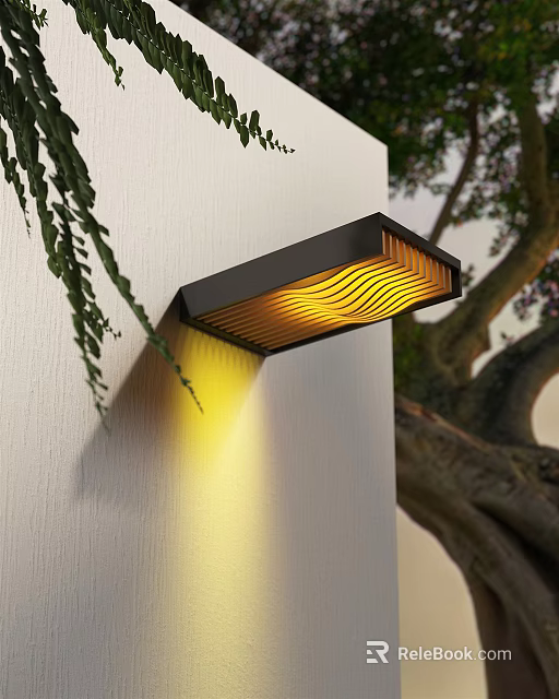 Modern Outdoor Wall Light With Black Frame Warm Yellow Light White Wall Greenery 3d model 