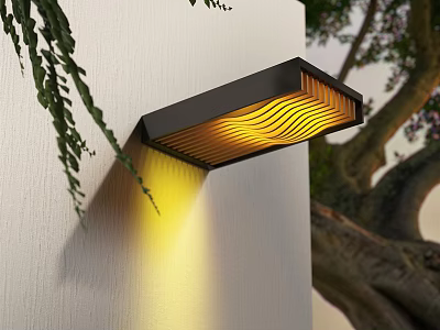Modern Outdoor Wall Light With Black Frame Warm Yellow Light White Wall Greenery 3d model