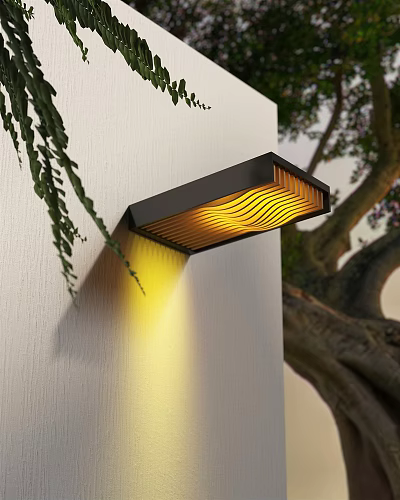 Modern Outdoor Wall Light With Black Frame Warm Yellow Light White Wall Greenery 3d model