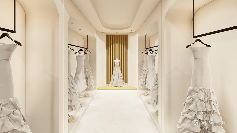 Elegant Modern Bridal Shop Interior With Mirrored Walls Hanging Wedding Dresses And Central Gown 3d model 