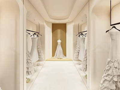 Elegant Modern Bridal Shop Interior With Mirrored Walls Hanging Wedding Dresses And Central Gown 3d model