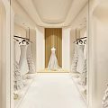 Elegant Modern Bridal Shop Interior With Mirrored Walls Hanging Wedding Dresses And Central Gown