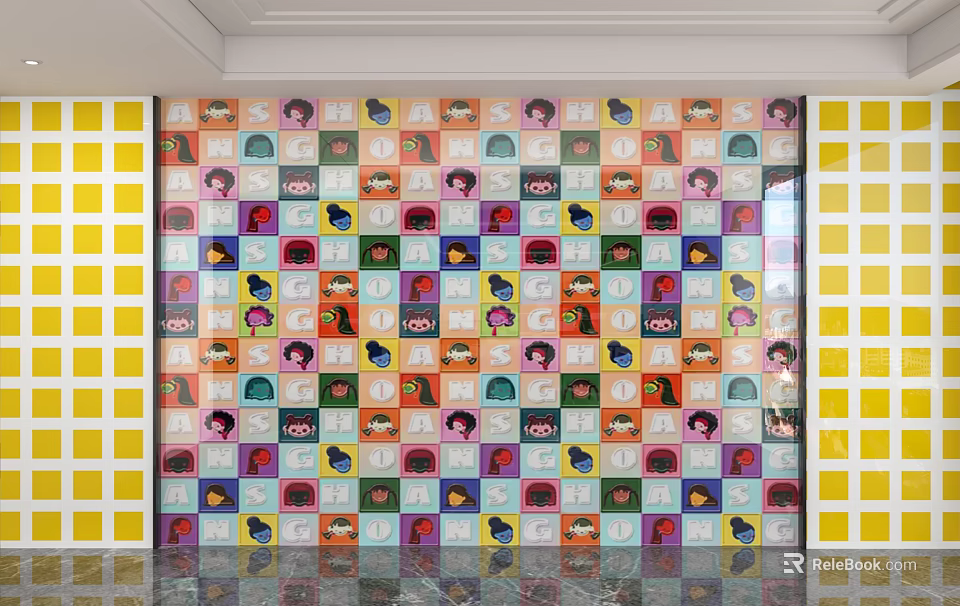 Colorful Cartoon Pattern Wall With Square Design And Yellow Grid Sides 3d model