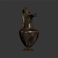 Vintage Bronze Pitcher With Curved Handle Carved Design And Statue Figure