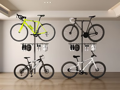 Yellow Black And White Bicycles Stored On Wall Rack With Hanging Helmets And Shoes 3d model