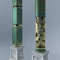 Ornate Traditional Green Columns With Golden Dragon Carvings And White Bases